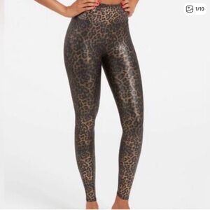 Spanx Faux Leather Leopard Print Leggings Metallic Bronze Size Medium
